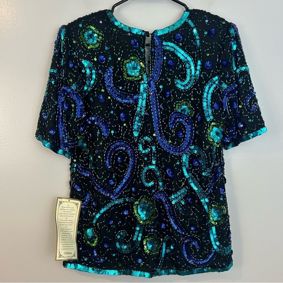 NWT Vintage Mark & John Gopal 100% Silk Sequin Blue/Green Short Sleeve Top Small - Picture 5 of 10